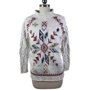 Y2K Debra Lubell Tunic Sweater Women Medium White Embroidered Boho Southwest